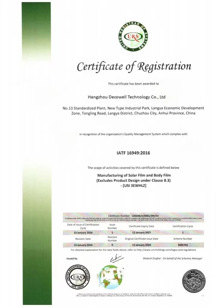 DECOWELL Film Certifications