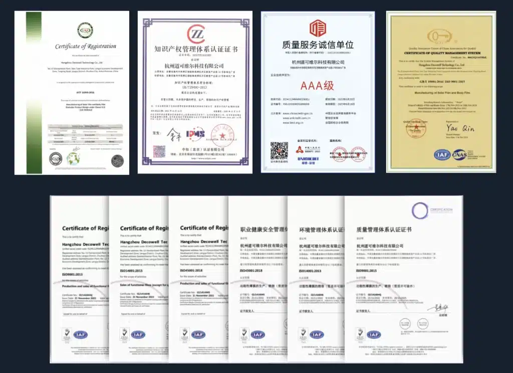 Decowell Car Paint Protection Film Certifications & Honors