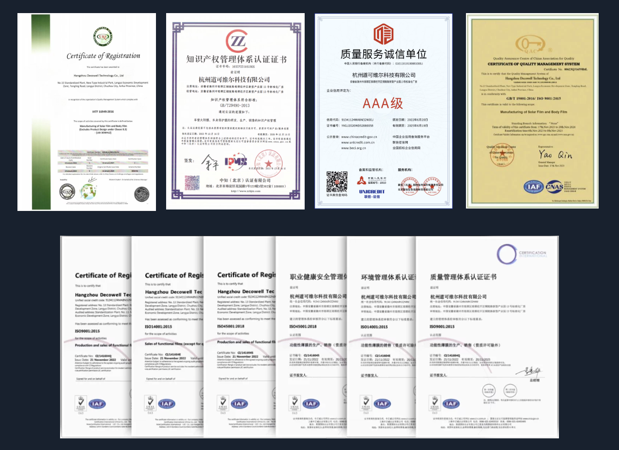 Decowell Car Paint Protection Film Certifications & Honors