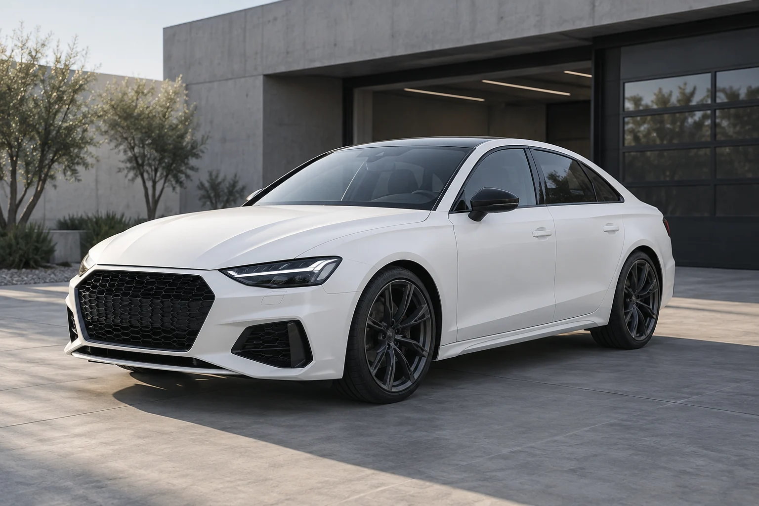 Matte white sedan with soft reflections and black trim outside a detailing studio.