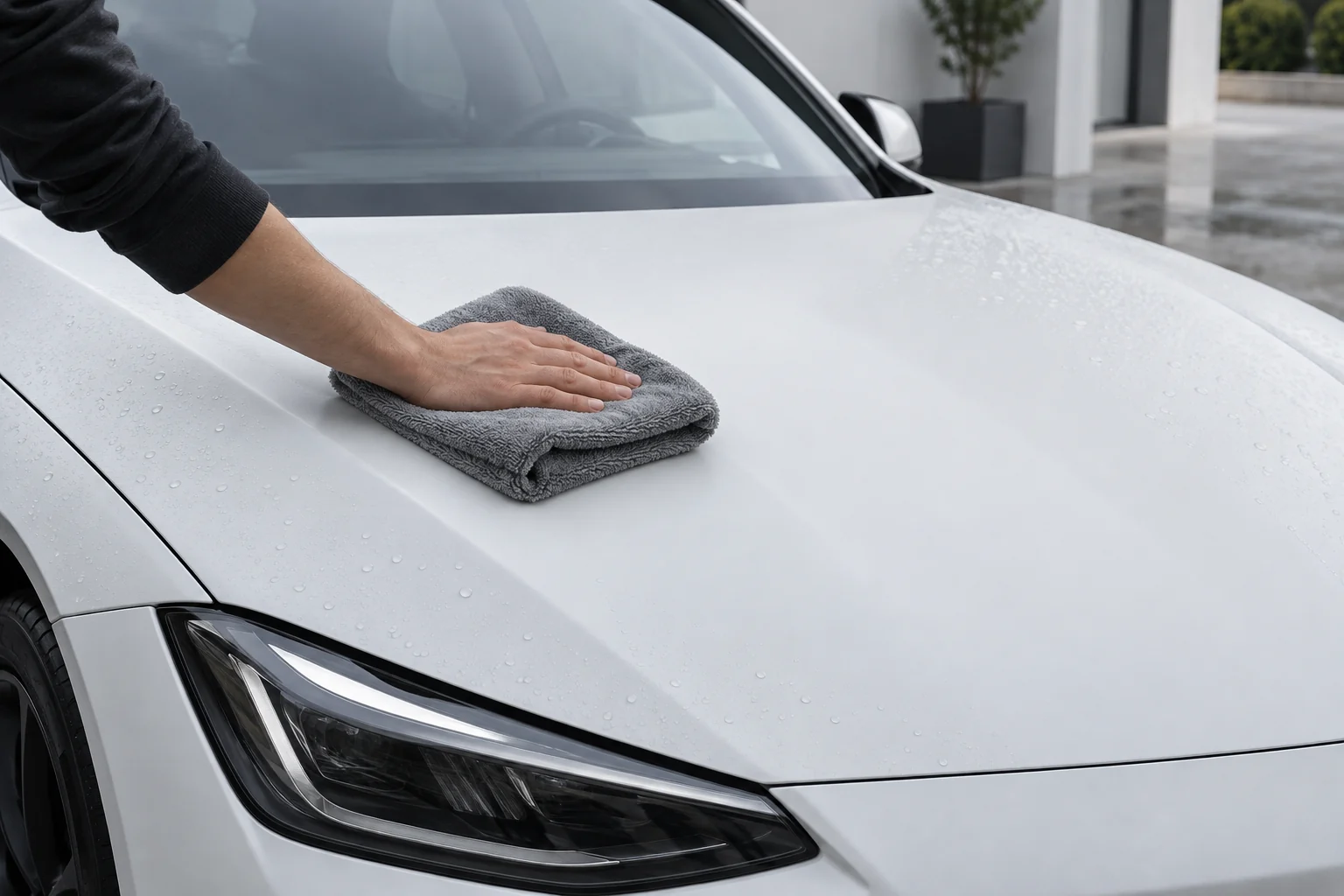 Gently drying a matte white PPF-covered hood with a soft microfiber towel.