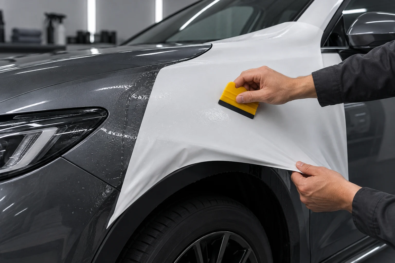 Installer applying matte white PPF to a dark gray front fender using a soft squeegee.