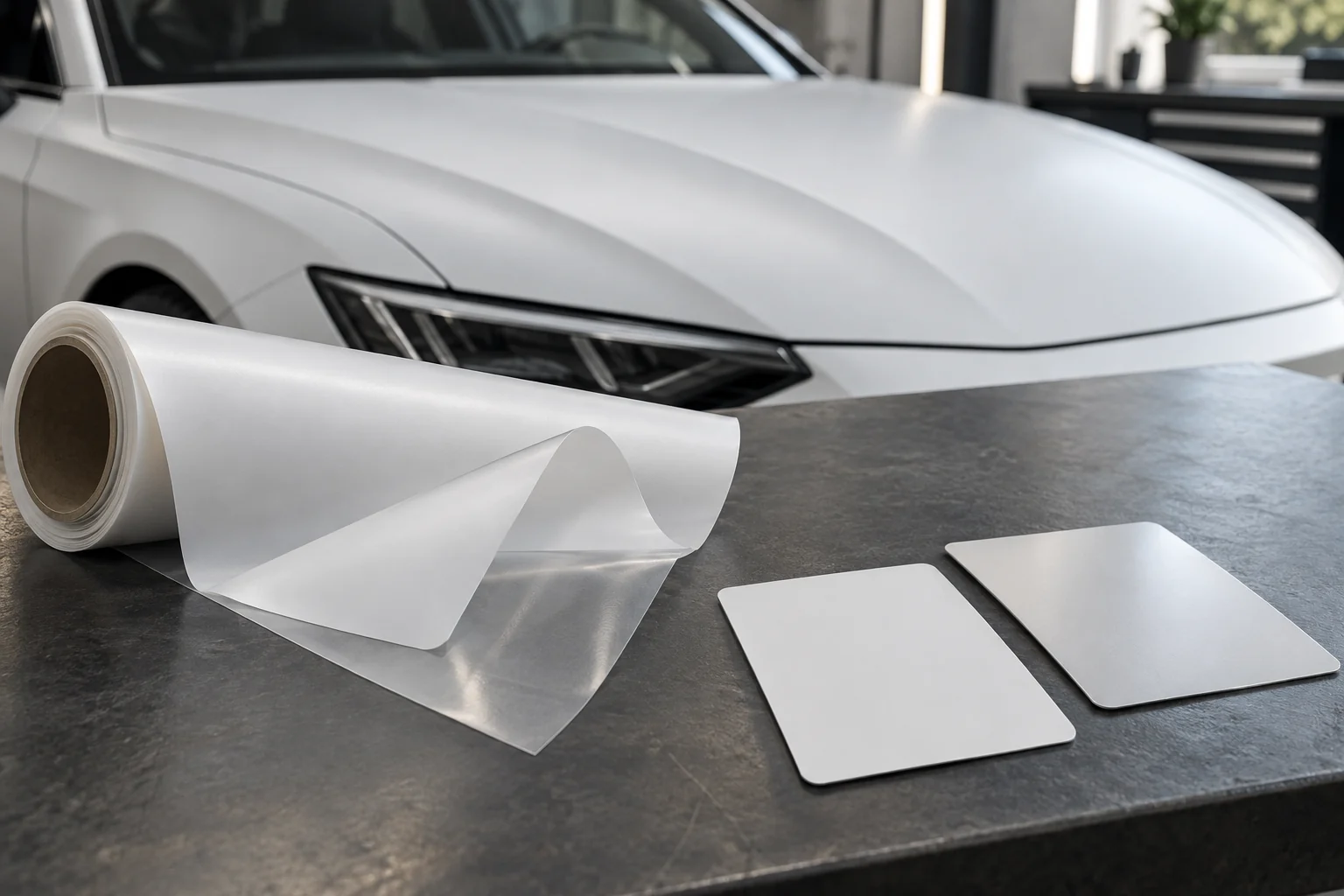 Matte white paint protection film roll, release liner and white finish samples.